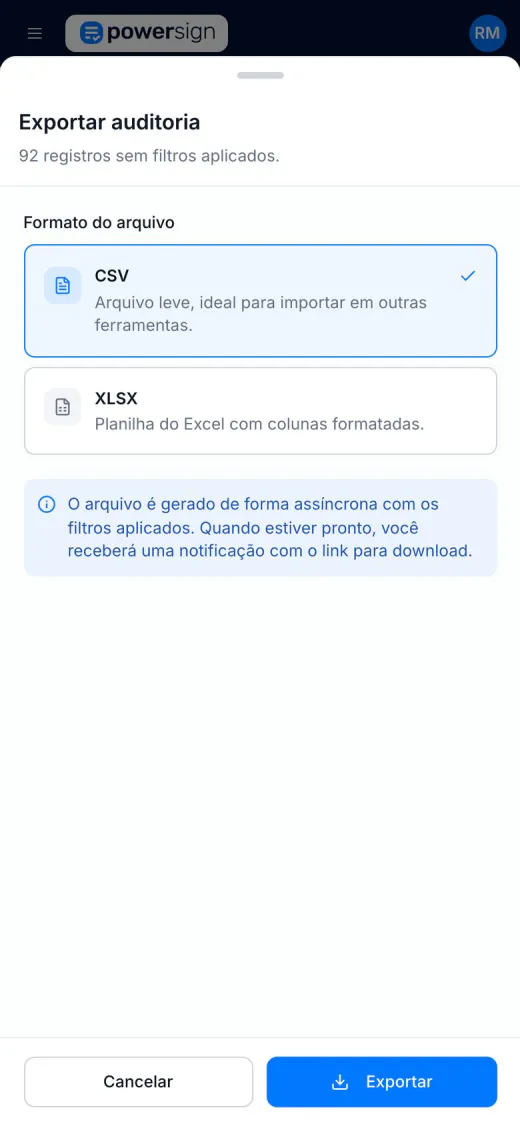 Exportação da auditoria no celular, com os formatos CSV e XLSX