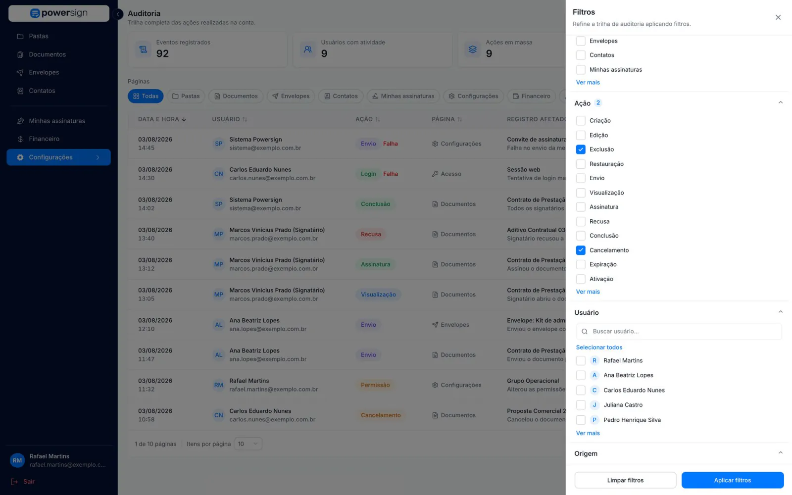 Painel de filtros com período, área, ação, pessoa e canal, aberto sobre a lista de ações