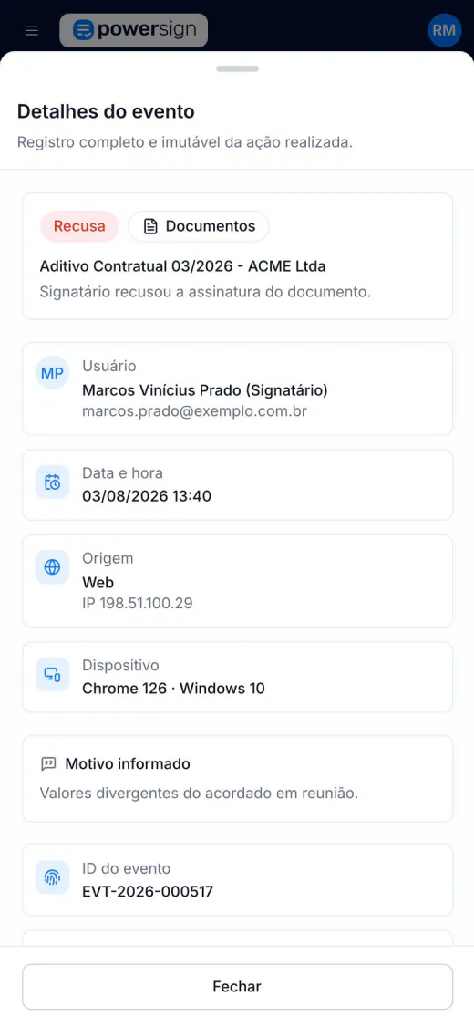 Recusa de assinatura feita por um signatário de fora da empresa, com o motivo informado