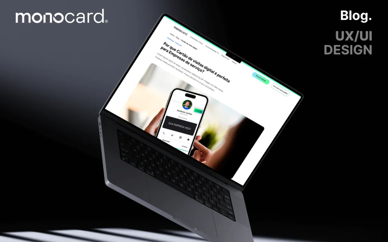 Blog da Monocard aberto num notebook, com um artigo sobre cartão de visitas digital