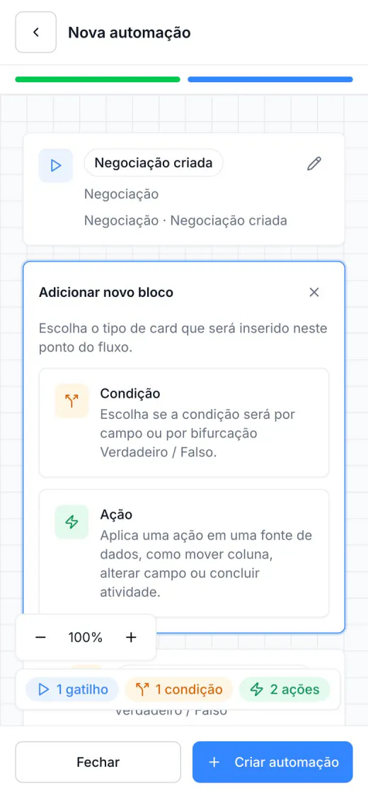 Escolha do próximo bloco de uma automação no celular, entre Condição e Ação