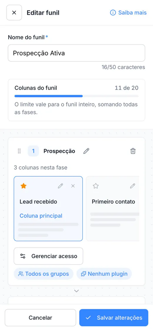 Editor do funil no celular, com o contador de colunas e a fase Prospecção