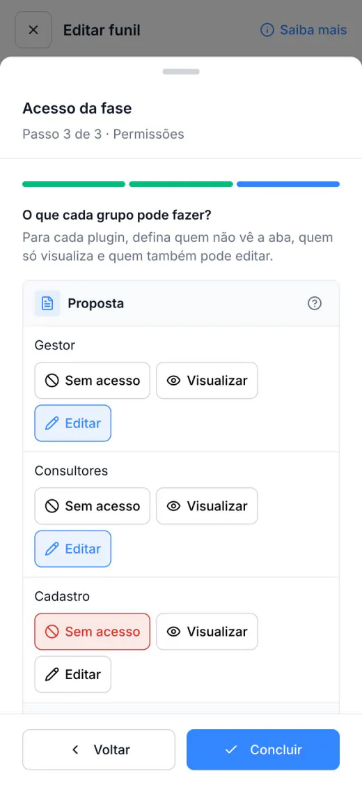 Permissões por grupo no celular