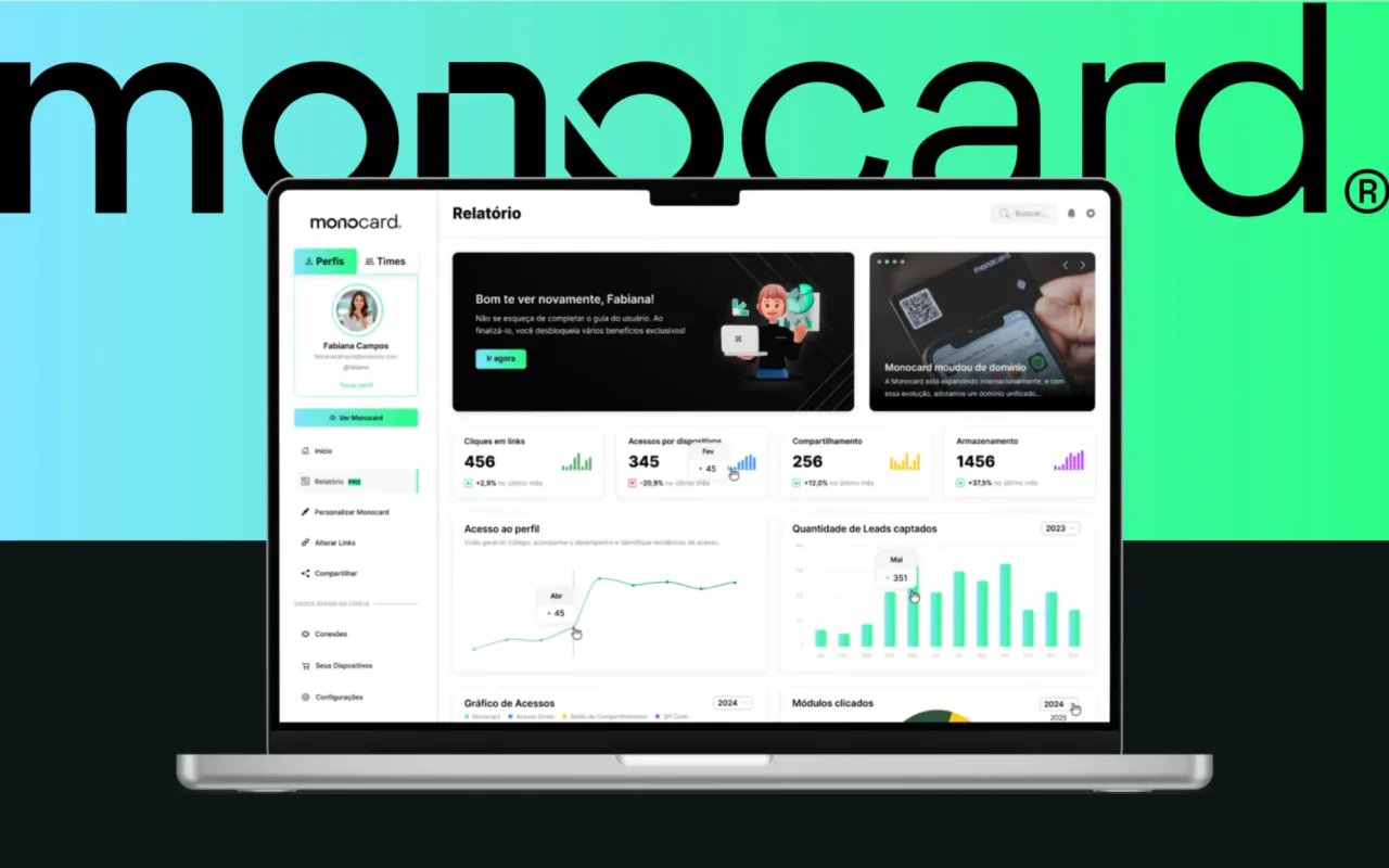 Dashboard da Monocard num notebook, com relatório de cliques em links, acessos ao perfil e leads captados