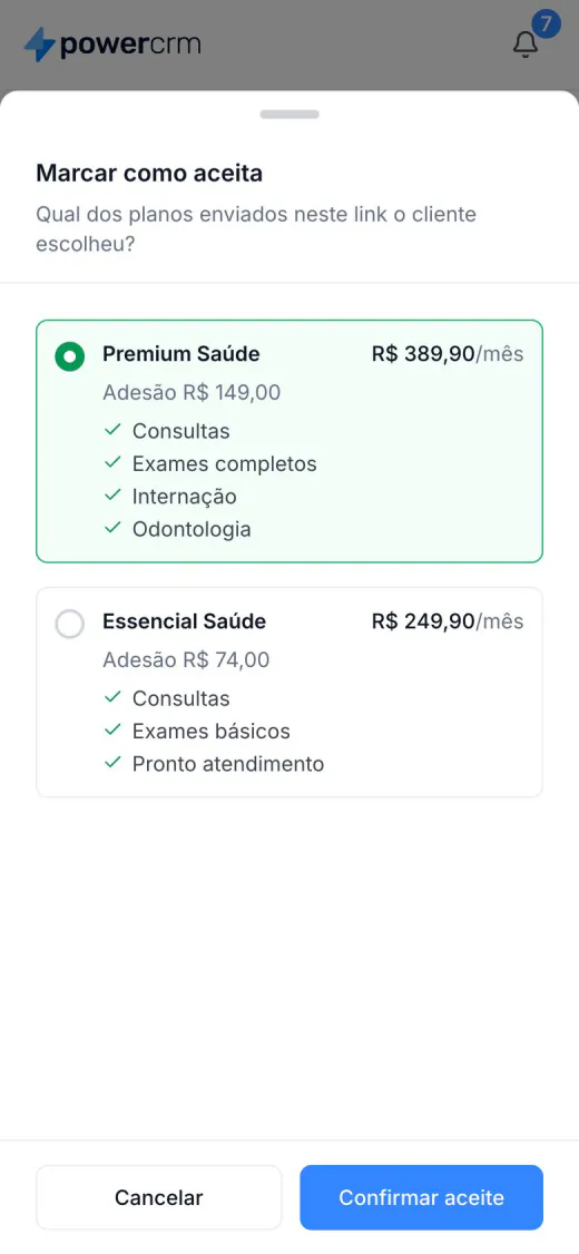 Escolha do plano aceito pelo cliente no celular