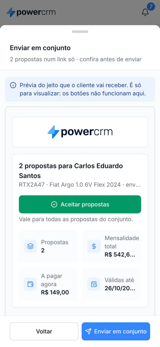 Conferência do envio em conjunto no celular