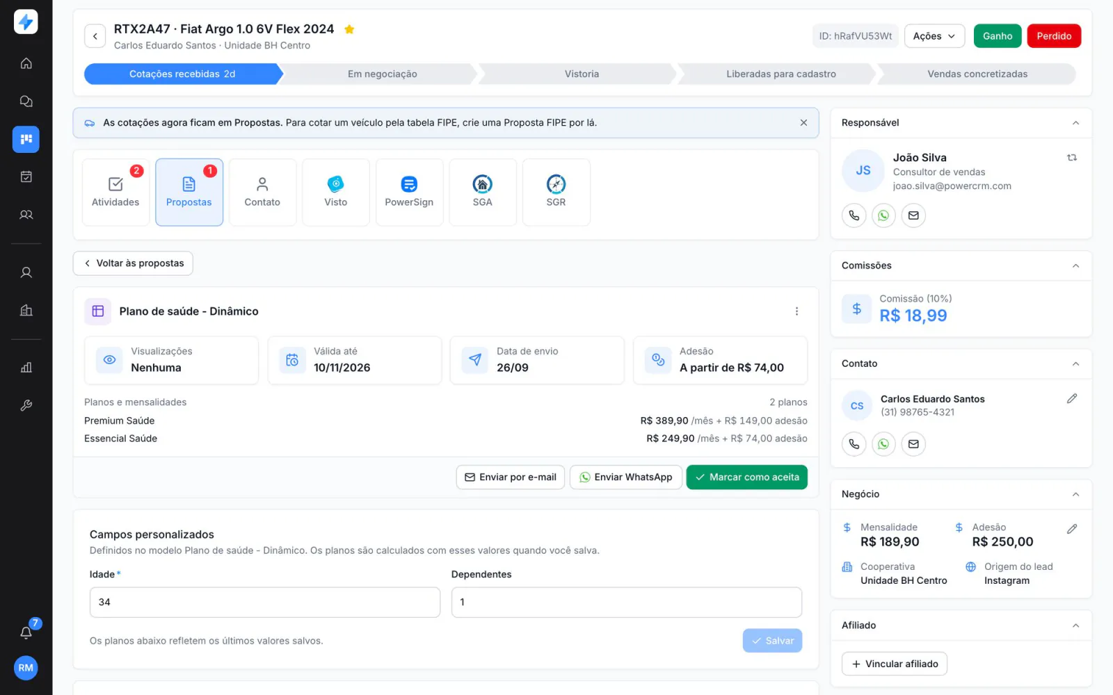 Proposta enviada com visualizações, validade, data de envio e adesão