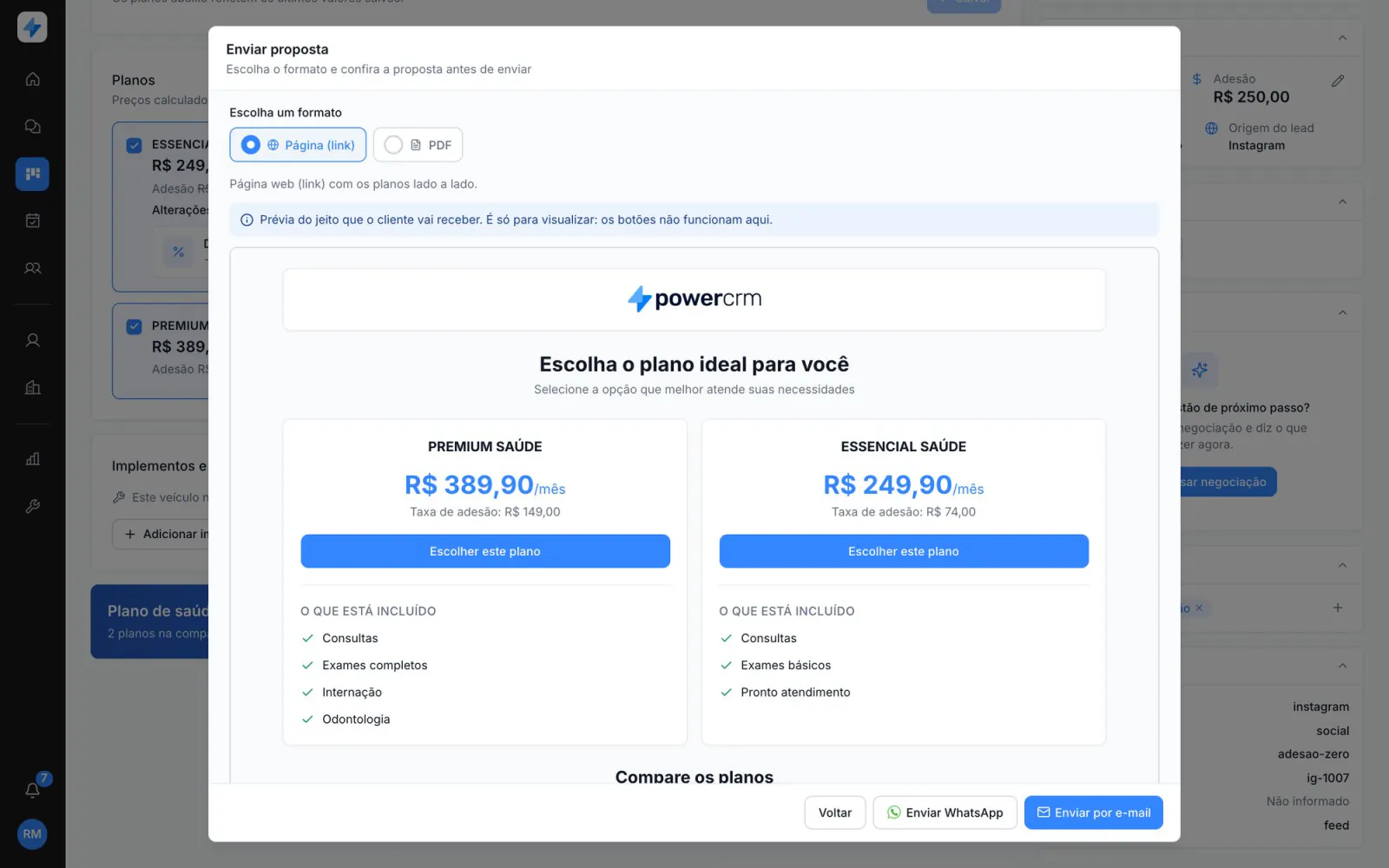 Prévia da proposta em página com os planos lado a lado
