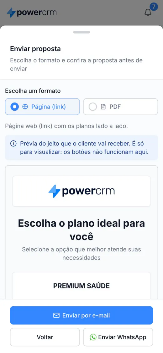 Prévia em página no celular