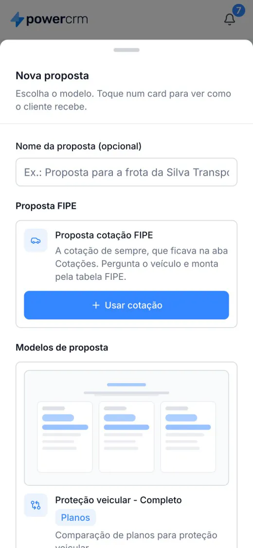 Folha Nova proposta no celular, com a proposta cotação FIPE e os modelos da empresa
