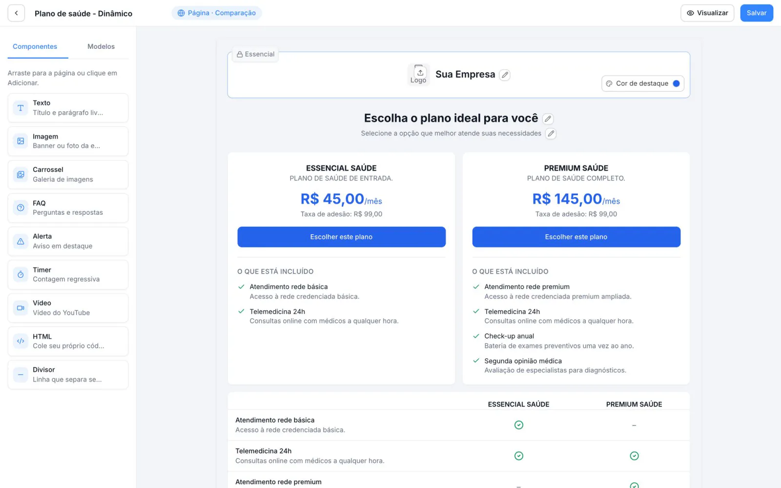 Construtor de blocos da página da proposta com a lista de componentes à esquerda