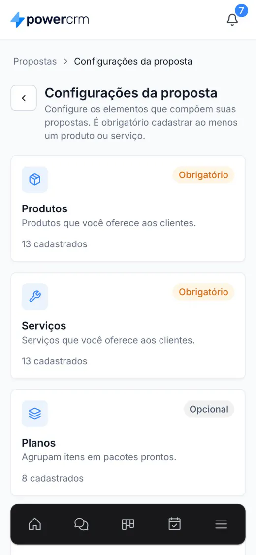 Configurações da proposta no celular