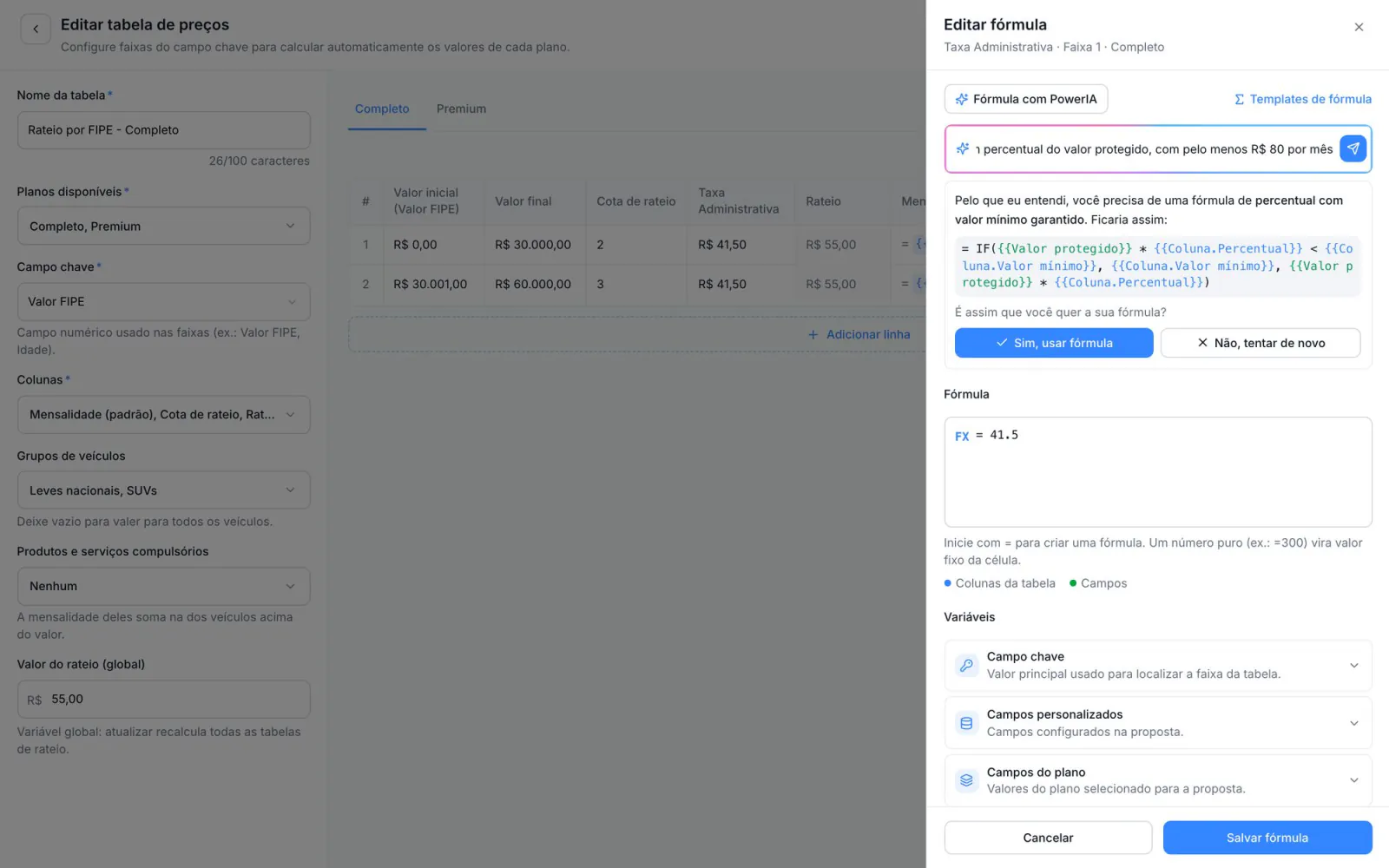 Fórmula com PowerIA propondo uma regra de percentual com valor mínimo garantido
