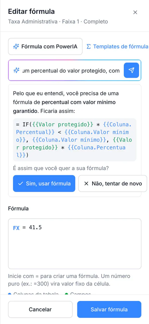 Fórmula com PowerIA no celular