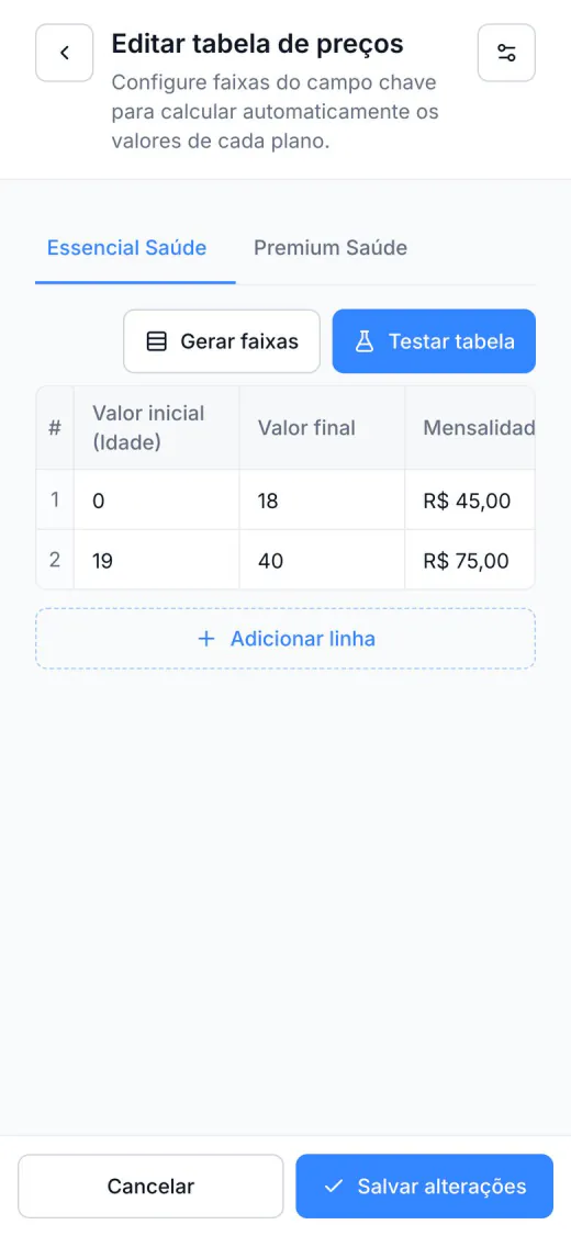 Tabela de preços no celular