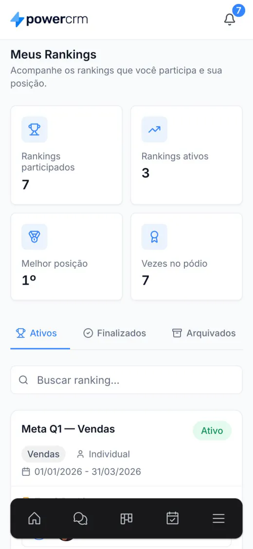 Meus rankings no celular do vendedor, com rankings participados, melhor posição e vezes no pódio