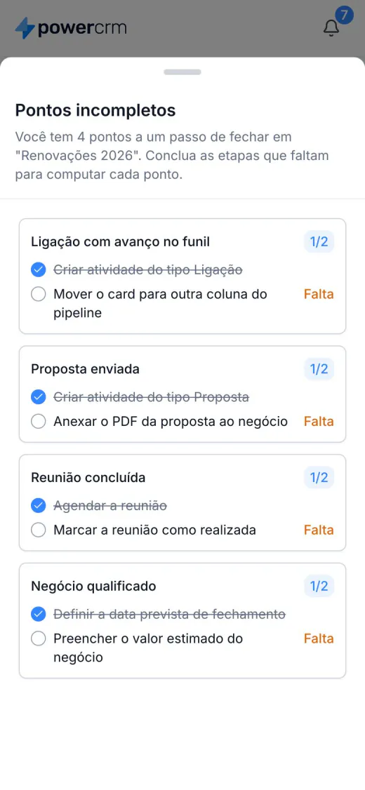 Pontos incompletos no celular, com a etapa feita riscada e a etapa que falta