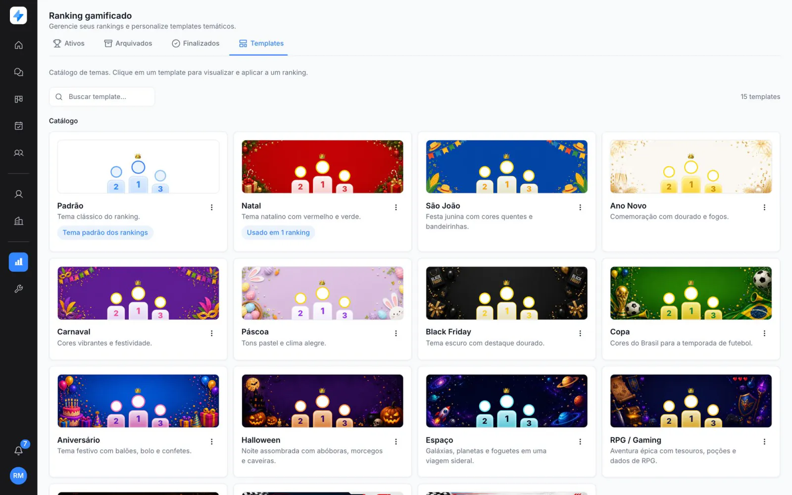 Catálogo com 15 temas de ranking, como Padrão, Natal, São João, Carnaval, Black Friday, Copa e Halloween