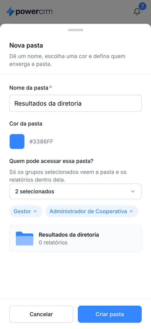Nova pasta no celular, com cor e os grupos que podem acessar