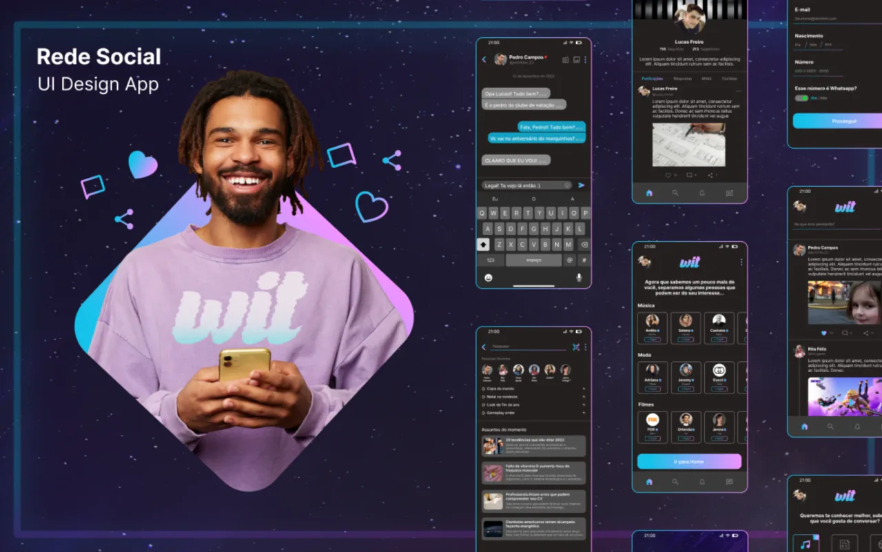 Capa do Wit, app de rede social, com telas de conversa, perfil, busca e feed